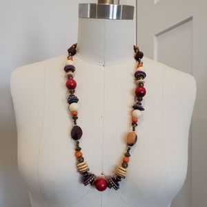 Vintage Wooden and Metal Beaded Necklace Natural and Dyed Beads